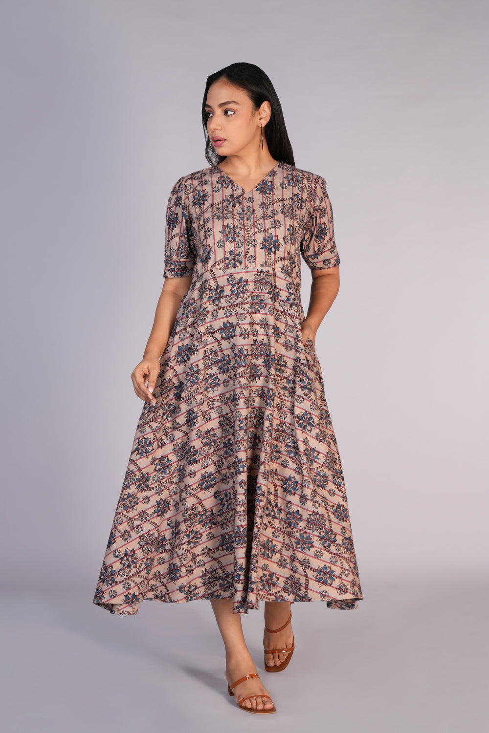 Image of Kalamkari handblock printed striped dress